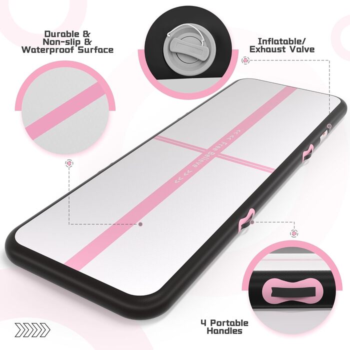 Надувна гімнастична мат для тренувань з насосом, 10.2-15.2 см товщина, для челідингу/йоги/паркуру/пляжу/парку/води (чорний/рожевий, 3м*1м*0.1м)