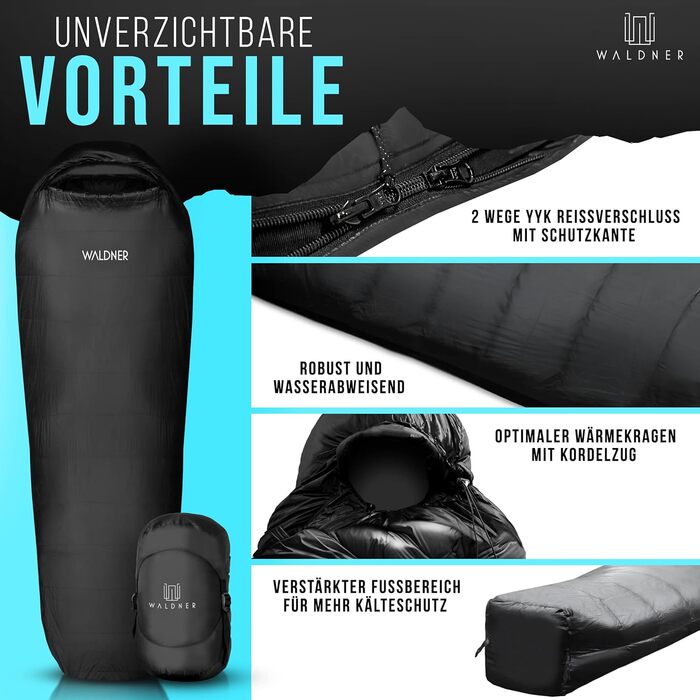 Спальний мішок WALDNER Daunenschlafsack Ultraleicht – ультралегкий, 4 сезони, 800г пуху, 600FP, для кемпінгу та відпочинку на природі, до 200 см