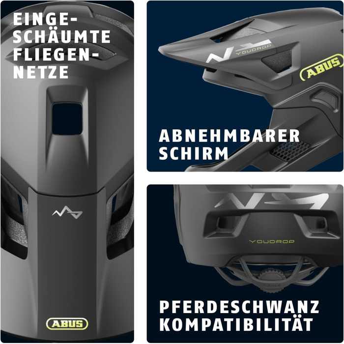 Дитячий велошолом ABUS YouDrop FF чорний, фулфейс, знімний підборідник, для МТБ, розмір S (48-55 см)