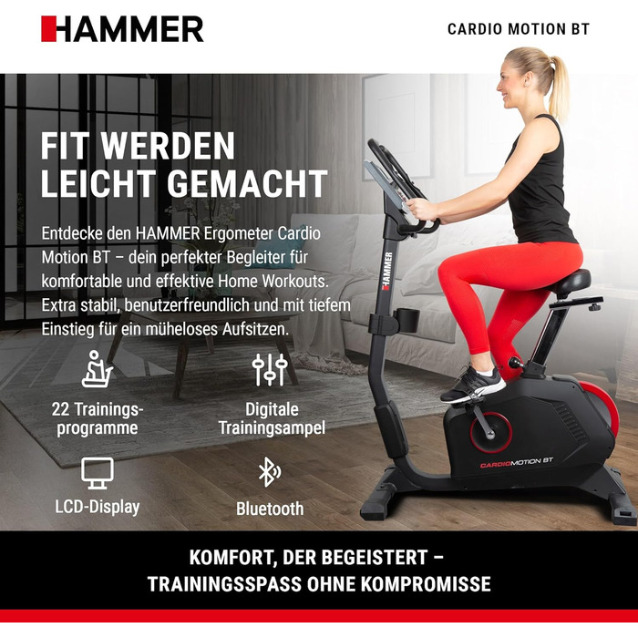 Велотренажер HAMMER Cardio Motion BT для дому, з Bluetooth, тихий, зручний сідло, легкий вхід, підходить для літніх, тримач для планшета, 110x52x140 см