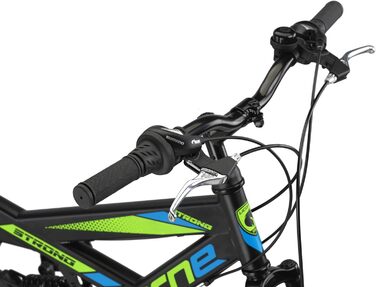 Гірський велосипед Licorne Bike PREMIUM Strong V 24 дюйми, 21 швидкість, повна амортизація, чорний/синій/лайм, для хлопців, дівчат, жінок і чоловіків