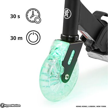 Дитячий самокат HyperMotion Ice Flash для дітей від 5 років, двоколісний, складний, з LED-підсвіткою, чорний/синій, навантаження до 50 кг, гумові колеса 125 мм, регульований кермо, гальмо Flex-Fender
