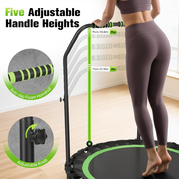 Міні-батут для фітнесу 101 см, вантажопідйомність 200 кг, портативний тренажер з регульованою ручкою (зелений)