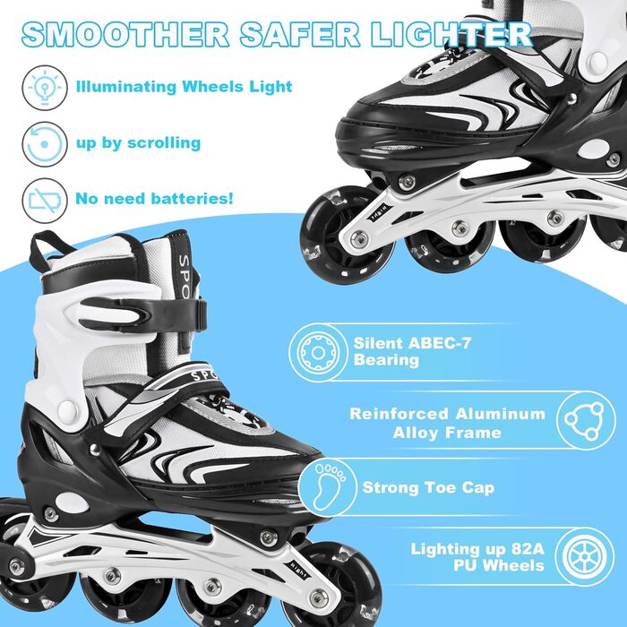 Регульовані дитячі ролики для хлопчиків та дівчаток, ролики для дітей, ролики для дівчаток та хлопчиків, ролики для підлітків, ролики для малюків, для занять в приміщенні та на вулиці, чорно-білі