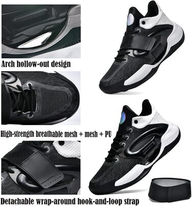 Чоловічі баскетбольні кросівки для хлопців, зручні для тенісу, бігу та тренувань, чорно-білі, 38 EU, 869