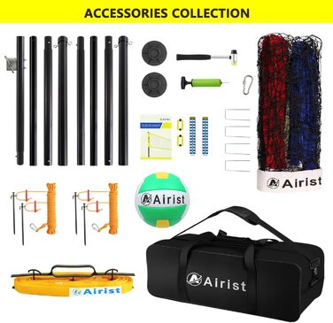 Волейбольна сітка Airist Heavy Duty для вулиці з антипровисаючою системою з нержавіючої сталі, регульовані алюмінієві стійки, професійний волейбольний комплект для двору та пляжу, сумка для перенесення (rot/blau)