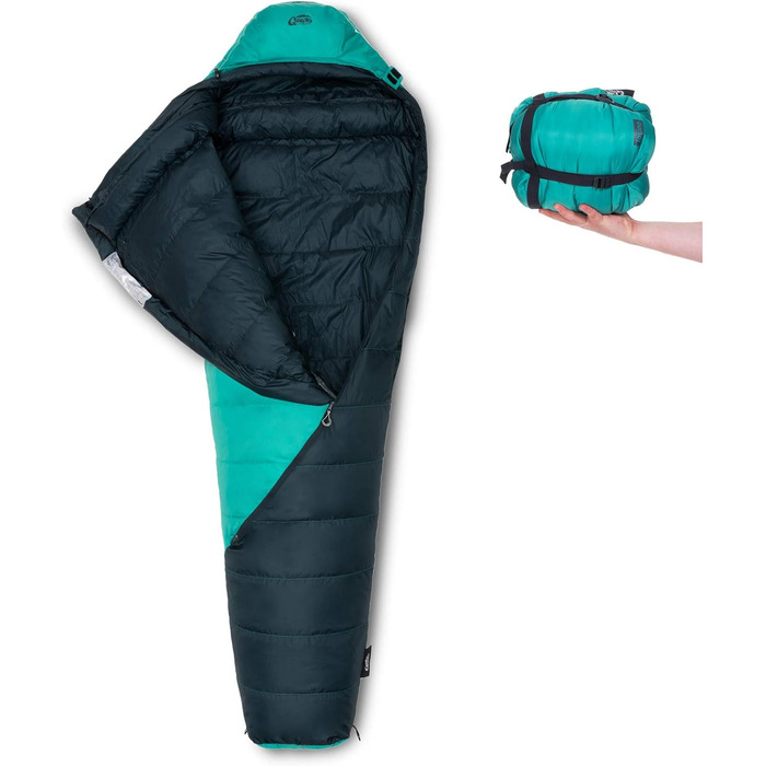 Сплячий мішок Qeedo Fluffy 0 Daunen - 4 сезони, температура комфорту 0°C, RDS-сертифікований, для кемпінгу, трекінгу, туризму (Турквіс, M)