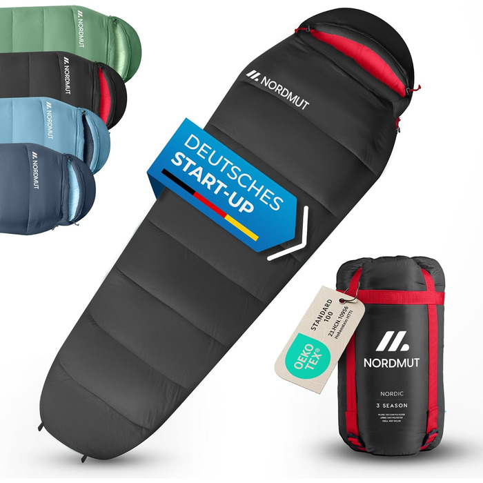 Сплячий мішок NORDMUT® для дорослих – компактний та ультралегкий (900/1500г) – для 3 сезонів (250 GSM) та літній (100 GSM) – спальний мішок-кокон для кемпінгу, відпочинку на природі та фестивалів (сірий, спальний мішок для 3 сезонів)