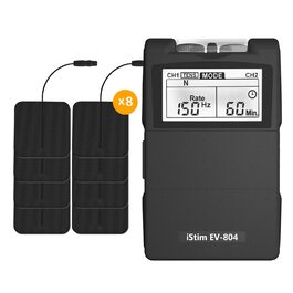 iStim EV-804 TENS/EMS: 2-канальний масажер для зняття болю та м'язової стимуляції – 24 програми, 7 режимів, 8 електродів, для спини, шиї, колін