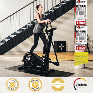 Еліптичний тренажер SportPlus для дому - тихий крос-тренажер з магнітним опором та комп'ютером - компактний та щадячий для суглобів з 24 рівнями опору - до 150 кг, чорний/сонячний (сумісний з додатком & новий дизайн)