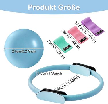 Комплект для пілатесу Magic Circle 14 дюймів з подвійним м'яким покриттям ручок, 3 еластичні стрічки (20/30/45 lbs), неслизький міні-м'яч, інструкція та сумка (блакитний)