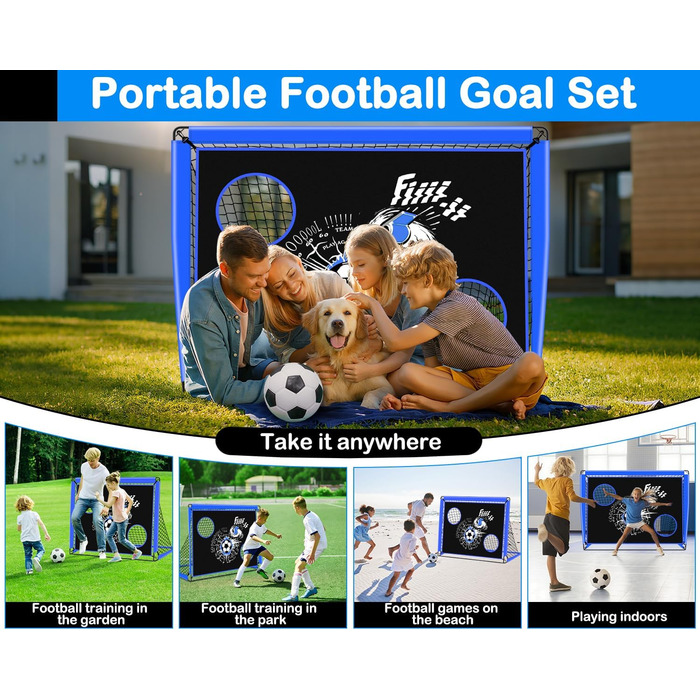 Дитячі ворота для футболу, 2-в-1 Pop-Up ворота, розкладні для саду, з сумкою та 4 кілочками (150x120 см, блакитні)
