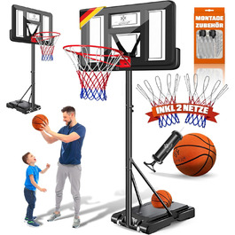 Курка баскетбольна KESSER® Outdoor зі стійкою та колесами. В комплекті 2 сітки, м'яч та насос. Регульована висота 230-305 см. Чорний колір. Підходить для дорослих та дітей.