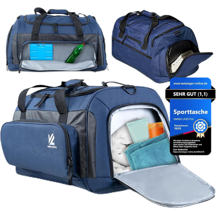 Спортивна сумка V® з відділенням для взуття, мокрою білизною та ізольованим холодильним відсіком. Сумка для сауни, подорожей, спортзалу, фітнесу, плавання. Чорно-сірий (XL, Синьо-карбоновий)