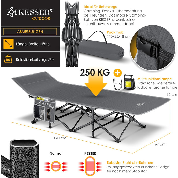 Кемпінгове ліжко KESSER®: стабільне розкладне ліжко для кемпінгу з сумкою, ліхтарем та бічною кишенею. Максимальне навантаження 250 кг, метал, оксфорд 600D, 190 см