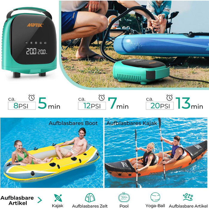 Електричний насос для SUP AGPTEK 20 PSI: автоматичне вимкнення, 12V, для надування та здування SUP-дошок