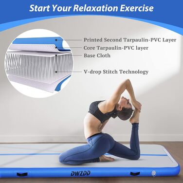 Гімнастичний надувний мат Dwzdd Air Matte Track, 3 м/4 м/5 м/6 м. Дитяча гімнастична мата для дому, фітнес-залу, тренувань, чеерлідингу. Біло-блакитна, 300x100x10 см