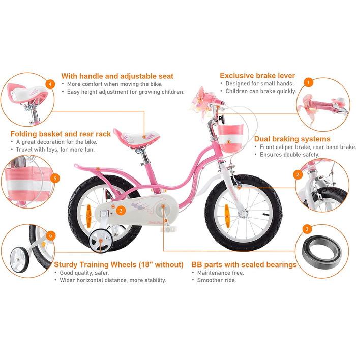Дитячий велосипед Royal Baby Little Swan з додатковими колесами для дівчаток, 12, 14, 16, 18 дюймів, від 3 до 10 років