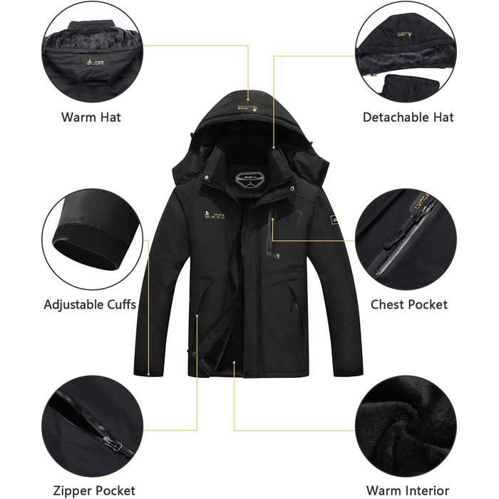 Чоловіча лижна куртка Warm Winter Schnee Mante, водовідштовхувальна, вітрозахисна, з капюшоном для катання на сноуборді, походів та подорожей (Чорний, XXL)