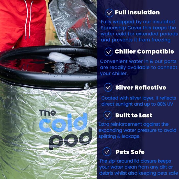 Кришка для крижаної ванни Cold Pod 320L: ізольована, срібна, з відбивачем UV-тепла, водонепроникна, з блискавкою, захист від погодних умов (90 см, кругла)