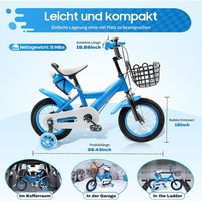 Дитячий велосипед 12 дюймів для дівчаток та хлопчиків з додатковими колесами, дзвінком та кошиком, регульована висота, від 3 років, червоний/синій/блакитний