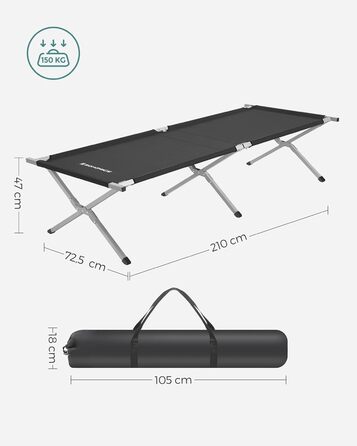 Кемпінгове ліжко SONGMICS, TÜV Rheinland, 260 кг, 210x72x45 см, чорне