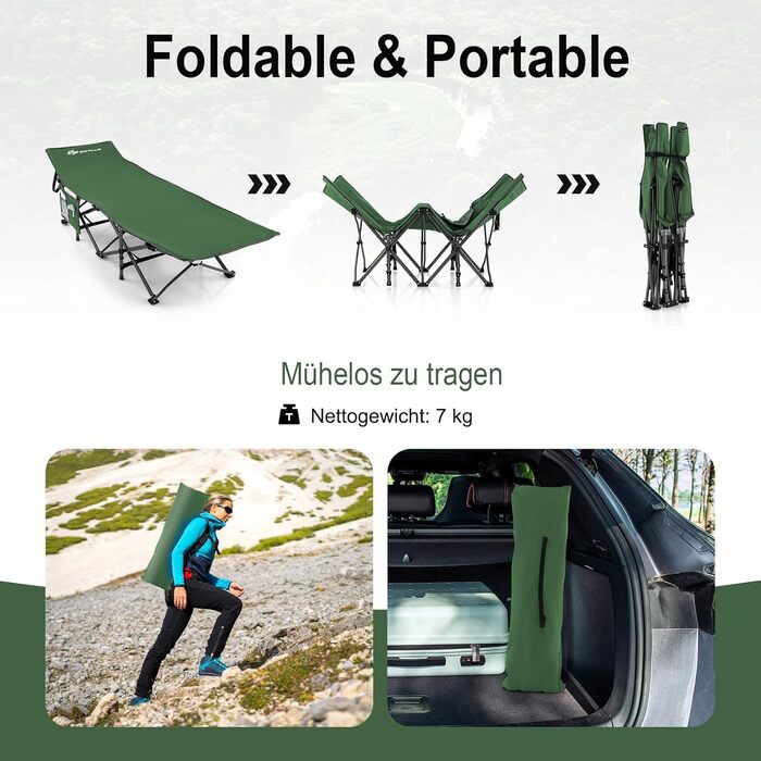 Розкладне ліжко SOARS для кемпінгу та відпочинку: стабільне металеве ліжко з кишенею та сумкою, до 272 кг, для саду та дому, зелене