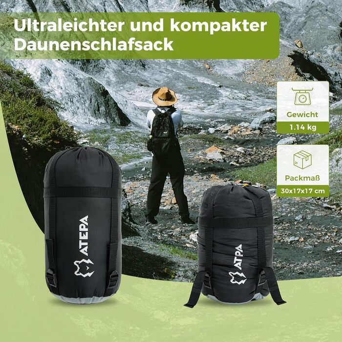 Спальний мішок ATEPA Ultraleicht Daunenschlafsack: Легкий, компактний, 3-сезонний (12°C/6°C/-1°C), водонепроникний, для кемпінгу, походів, трекінгу та рюкзакових подорожей, з компресійним мішком ThermaCore, чорний