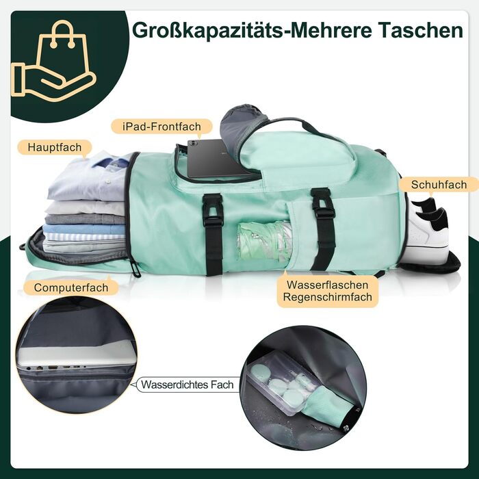 Спортивна сумка для чоловіків та жінок, 30L. Рюкзак з відділенням для взуття та мокрих речей. Ідеально для плавання, спорту, йоги, футболу (зелена, 30L)
