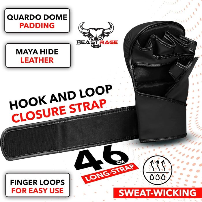 MMA рукавички BEAST RAGE для чоловіків та жінок, регульована підтримка зап'ястя, відкрита долоня, рукавички для бойових мистецтв, греплінг, спаринг, муай-тай, кікбоксинг, Taekwondo (L-XL, Червоні)