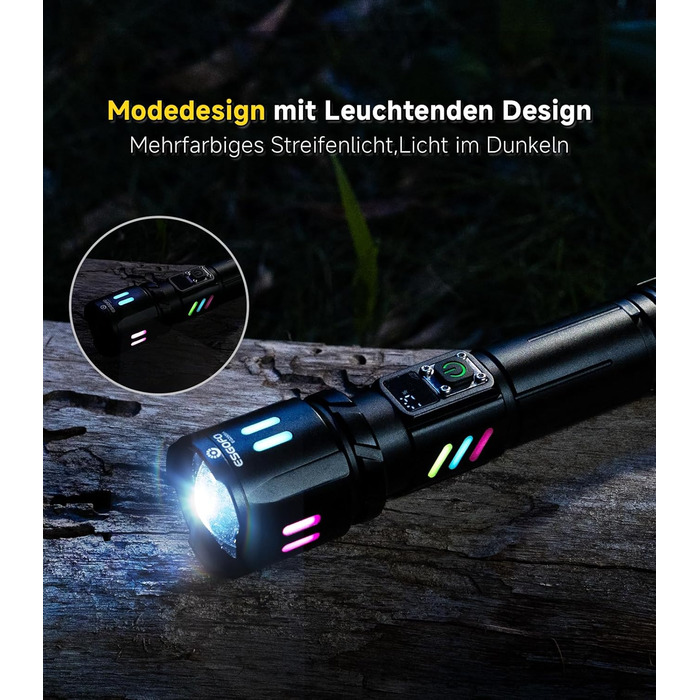 LED ліхтар Esgofo перезарядна, 1000000 люменів, дальність 1000 м, регульований фокус, 15 годин роботи, USB-C, для кемпінгу та безпеки