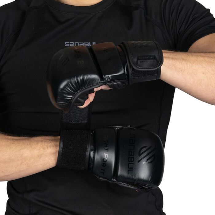 Рукавички для MMA Sanabul Essential 7oz | Тренувальні рукавички для змішаних єдиноборств | Гібридні спарингові рукавички (Чорні, S/M)