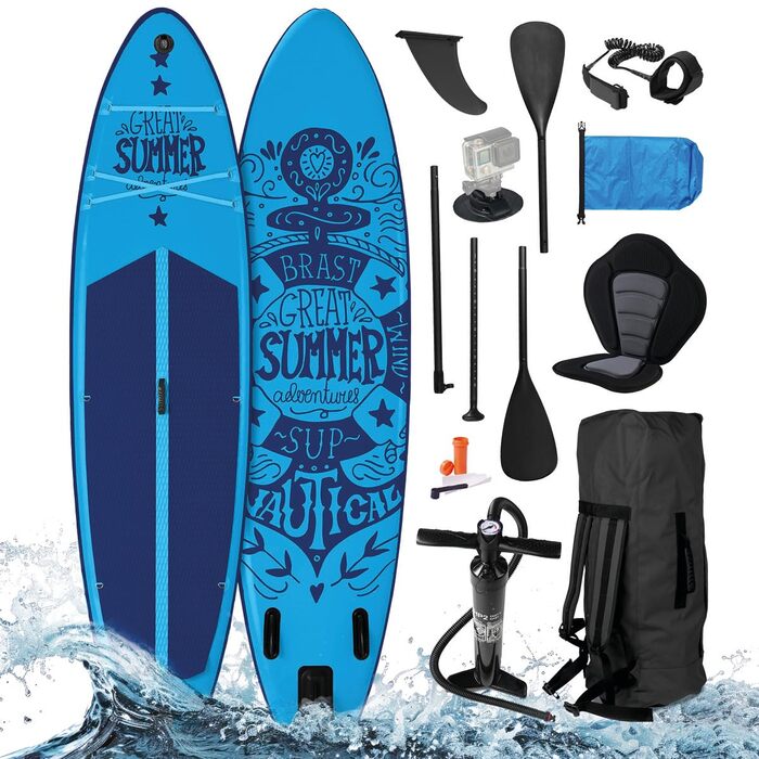 SUP дошка BRAST Summer надувна з набором аксесуарів 320x81x15 см: весло-каяк, тримач для камери, рюкзак, 6 дизайнів, гарантія 5 років