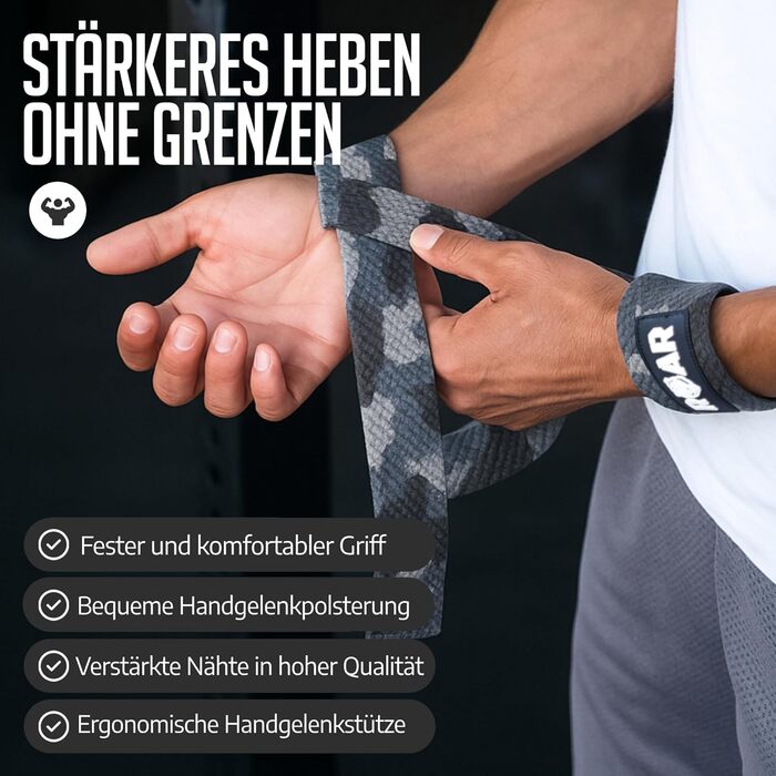 Roar® Ремені для підйому ваги (м'які) для силових тренувань, бодібілдингу, фітнесу - ремені для станової тяги - підтримуючі ремені - для жінок та чоловіків (Cammo)