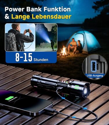 LED ліхтар Esgofo перезарядна, 1000000 люменів, дальність 1000 м, регульований фокус, 15 годин роботи, USB-C, для кемпінгу та безпеки