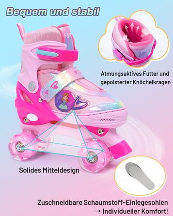 Дитячі ролики FWFX з регулюванням та підсвіткою, підходять для залу та вулиці, розмір S (EU 28-31 / MM 160-200), рожеві