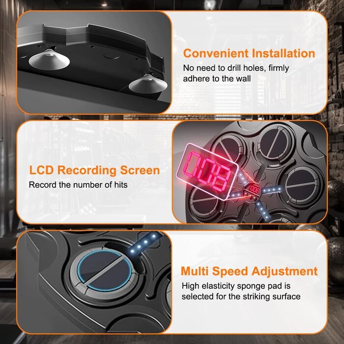 Музична боксерська машина Bluetooth з LED-підсвіткою, настінний кріплення, 9 режимів швидкості та лічильник, підтримка Bluetooth, обладнання для ударів вдома