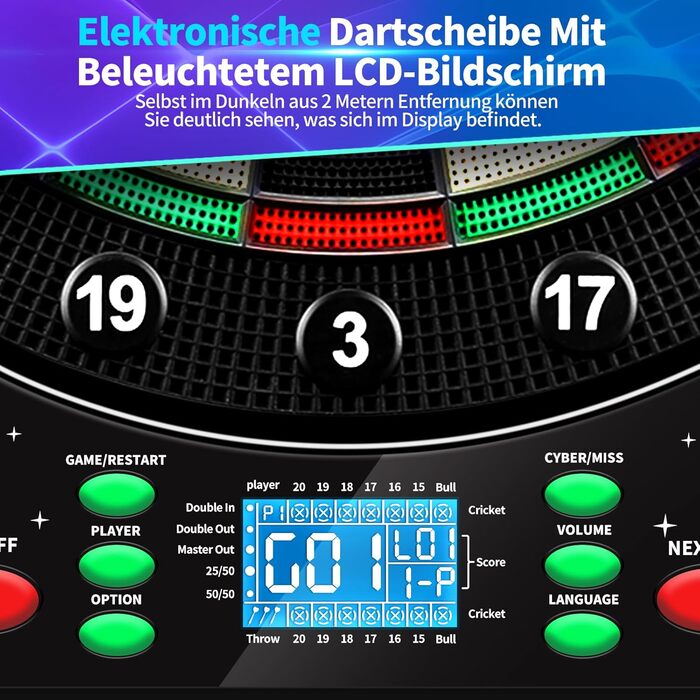 Електронний дартс Dartscheibe Profi з LCD-дисплеєм, 34 гри, 355 варіацій, 12 дротиків, для 1-8 гравців