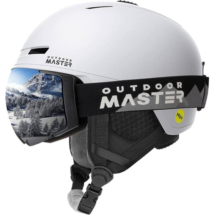 Захисний комплект OutdoorMaster MIPS: лижний шолом і маска PRO, регульований, для сноуборду та гірських лиж, чоловіків, жінок і підлітків, білий, розмір M