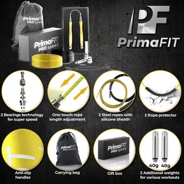 Скакалка PrimaFIT для дорослих: професійна, з регулюванням, з вагою, 3м, 2 підшипники, антиковзні ручки, для боксу, MMA, кросфіту, сталеве тросик, сумка (золота)