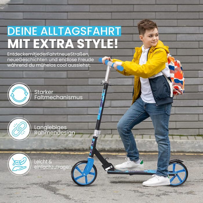 Дитячий трюковий самокат Habib Kickroller – складаний, з регулюванням висоти, великі колеса, до 80 кг, блакитний