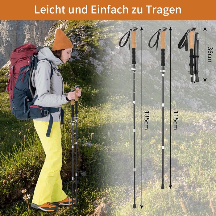 Складні трекінгові палиці для ходьби та трекінгу, телескопічні палиці для жінок та чоловіків, легкий алюміній, регулювання 115-135 см, ручки з корку, 4 гумові накладки