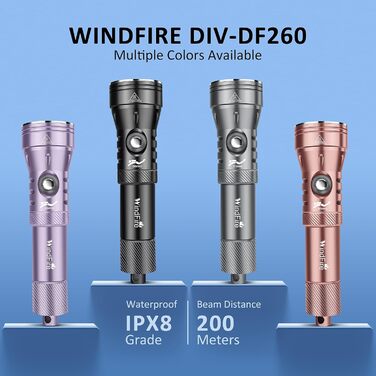 Ліхтар під водою WINDFIRE Taucher – потужний, водонепроникний, з індикатором заряду, 4 режими, кут променя 12°, для дайвінгу та снорклінгу (сірий)