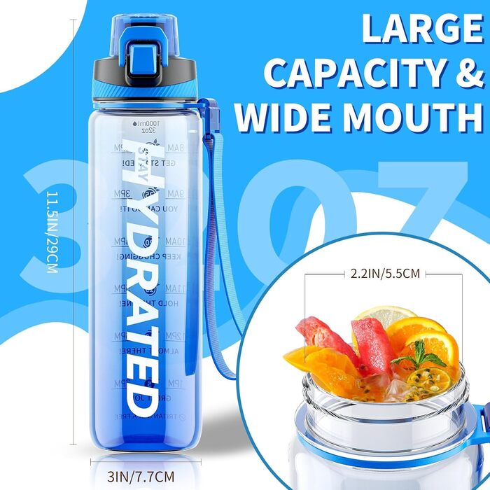 Спортивна пляшка для води 1л Tritan без BPA з маркуванням часу, 1000 мл, блакитна