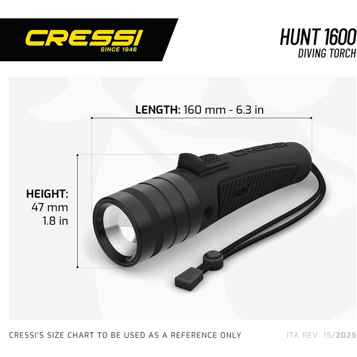 Ліхтар Cressi Hunt Torch 1600 Black - LED для дайвінгу, риболовлі та пошуку під водою, 1600 люмен, водонепроникний IPX8, 100 м