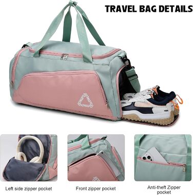 Спортивна сумка для жінок 45L з відділенням для взуття, мокрою сумкою, водонепроникна, для подорожей, спортзалу, басейну. Сумка-рюкзак для фітнесу, спорту, подорожей. Зелена/Рожева.