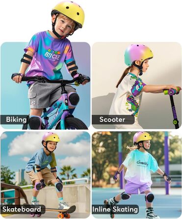 Набір Kinderhel 7-в-1: наколінники, налокітники, захист зап'ястя та шлем для скейтбордингу, велосипеда, самокату (S, жовто-рожево-зелений)