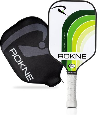 Професійна ракетка для піклболу ROKNE Curve Classic з фіброволокна, USAPA сертифікована, ProGrit текстура для максимального спіну і потужності, з чохлом (лаймова)