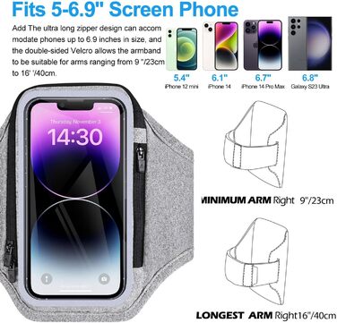 Спортивний браслет для телефону з кишенею для навушників, чохол для телефону для бігу 6.9 дюймів, кріплення на руку для iPhone 17 16 15, спортивний браслет, знімний тримач для телефону, для джоггінгу (світло-сірий)