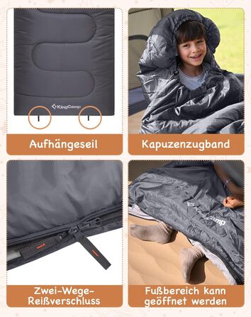 Спальний мішок для дітей KingCamp - легкий, теплий, 3-4 сезони, для кемпінгу та піших прогулянок (сірий, L)